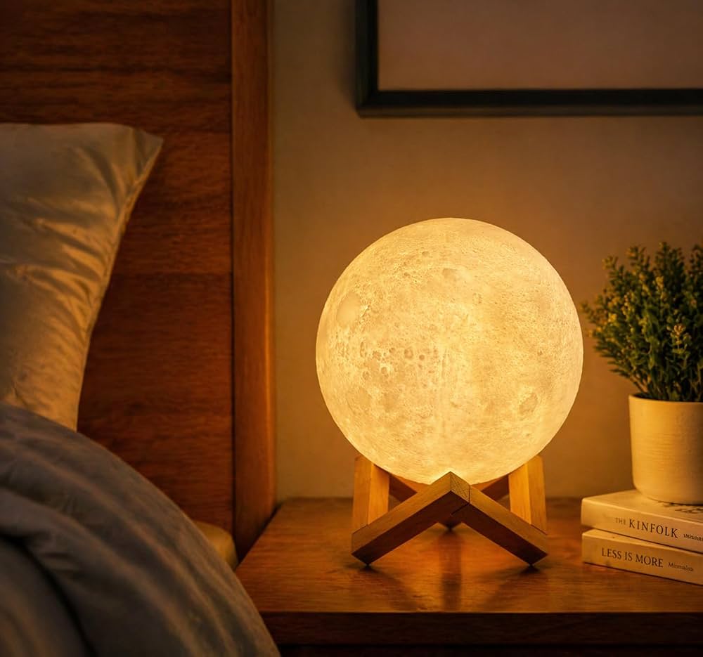 3D Lampa Mesec sa Drvenim Postoljem | USB LED Noćna Lampa